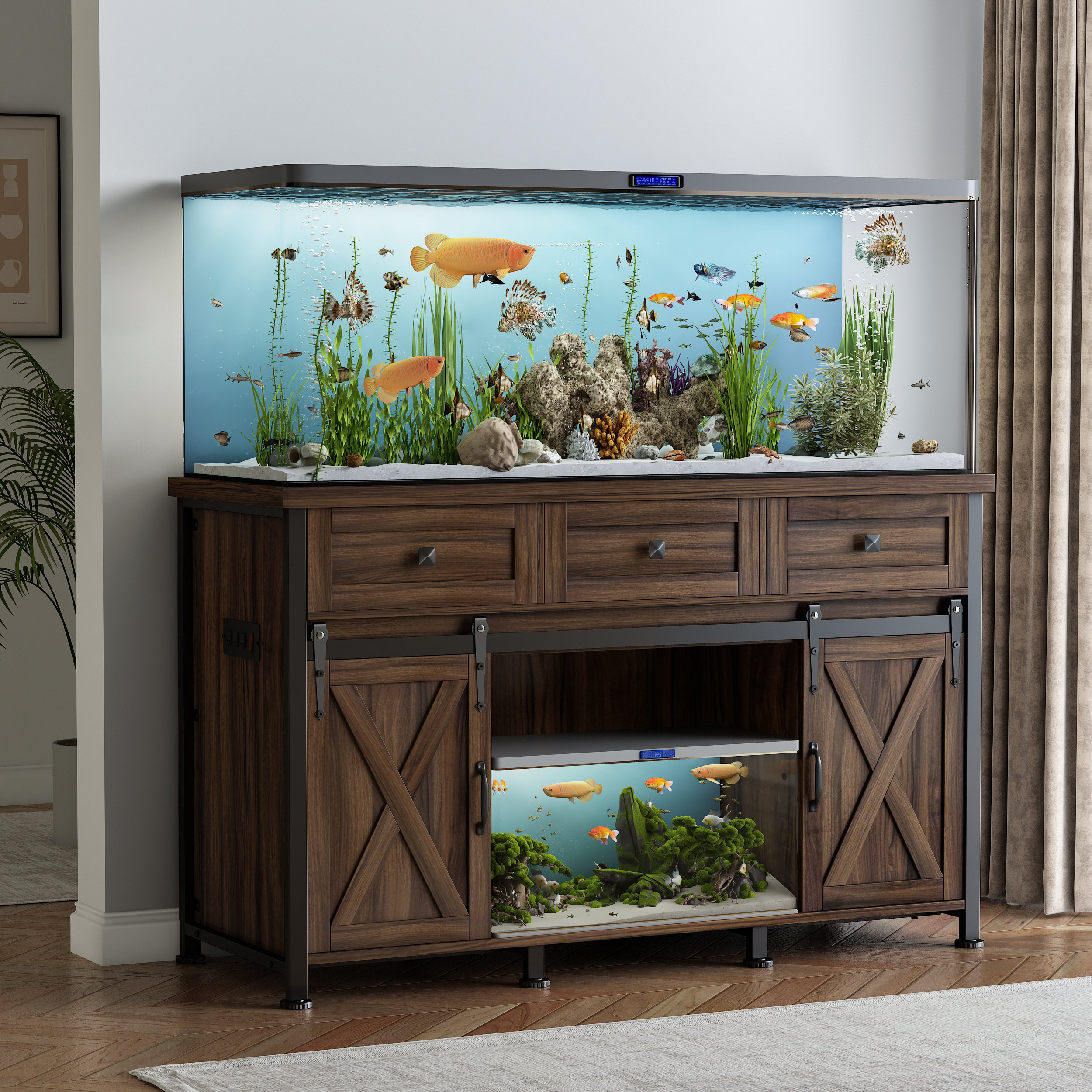 Tucker Murphy Pet 55 75 Gallon Fish Tank Stand with Power Outlets with 3 Open Shelves Storage 1380 LBS Capacity Wayfair